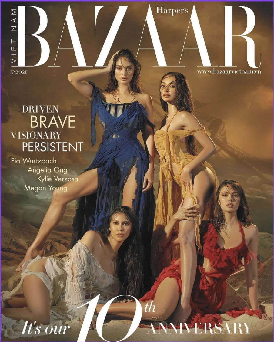 Harper's Bazaar Vietnam 10th-anniversary cover — Kylie Verzosa with Pia Wurtzbach, Angela Ong, and Megan Young