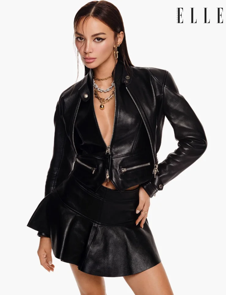 ELLE editorial — Kylie Verzosa in a black leather jacket and skirt