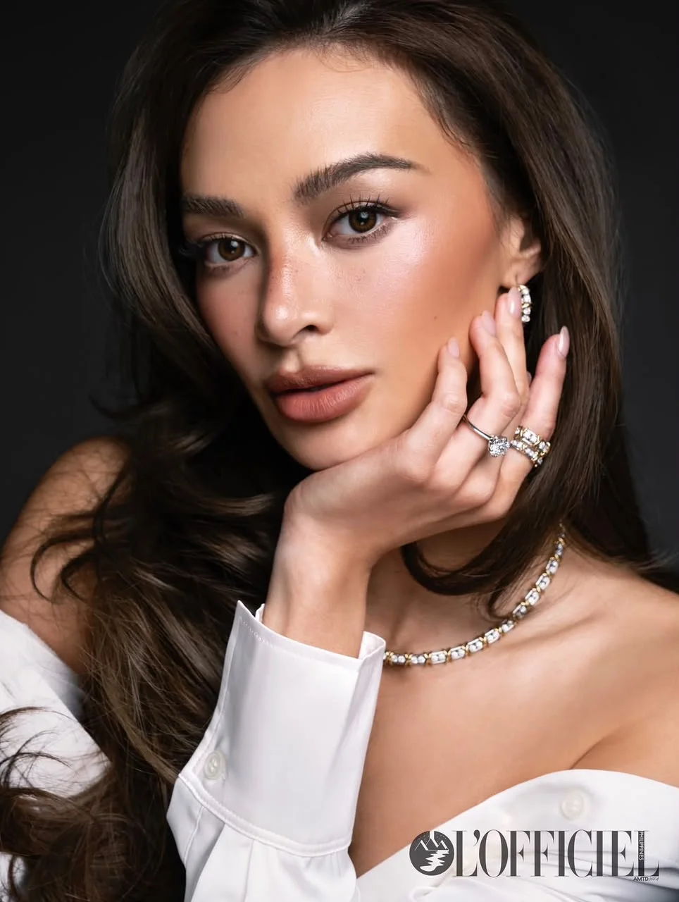 L'OFFICIEL — Kylie Verzosa in a white shirt with diamond jewellery